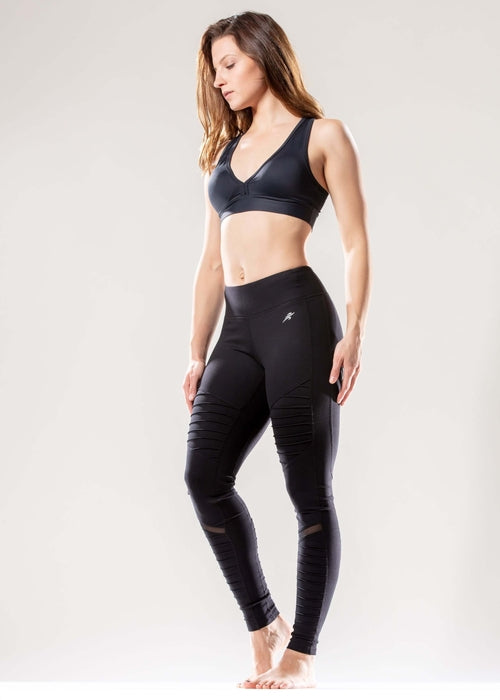 Crowned Athletique Low-Waisted Ribbed Leggings with Hidden Pocket and Mesh Pan
