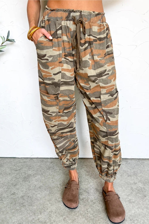Crowned Camo Drawstring Elastic Waist Jogger Pants